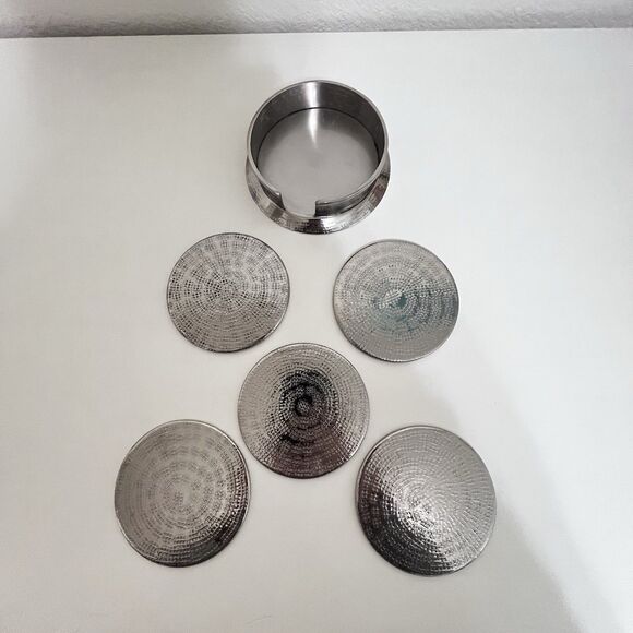 Blue Pheasant Winsford Shiny Nickel, Coasters Set of 5, Etched Metal - Picture 6 of 13